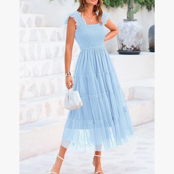 PRETTYGARDEN Summer Casual Sleeveless Smocked Ruffle Tulle Flowy Beach Sundress - Picture 3 of 9